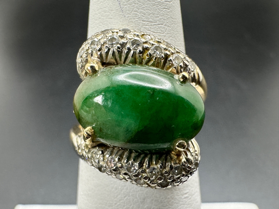 14k Gold Jade Single Cut Diamond Ring Size 5 5.3g Retails $2,000 [Photo 2]