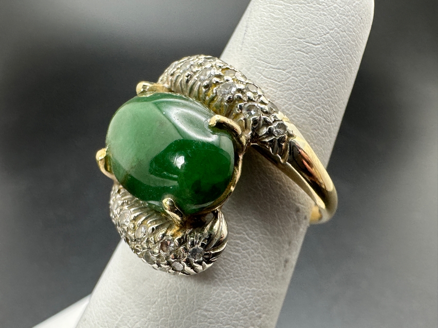 14k Gold Jade Single Cut Diamond Ring Size 5 5.3g Retails $2,000 [Photo 4]