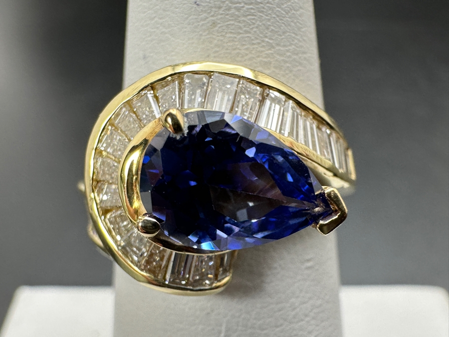 14k Gold Iolite 10 x 7 Pear Shape Set With 32 Tapered Diamond Baguettes (est. 1.25cttw) Size 6.75 6.6g Retails $4,000 [Photo 3]