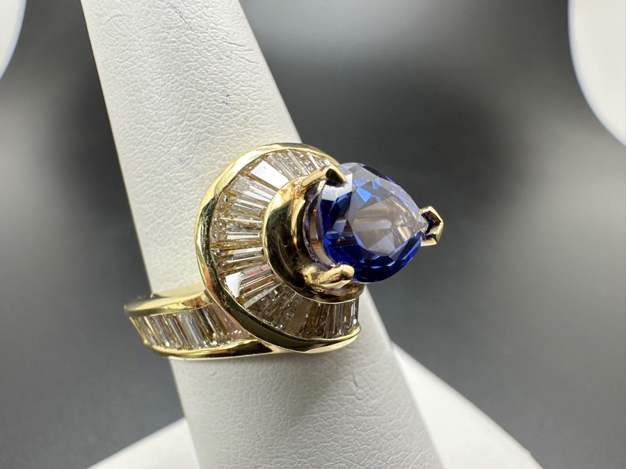 14k Gold Iolite 10 x 7 Pear Shape Set With 32 Tapered Diamond Baguettes (est. 1.25cttw) Size 6.75 6.6g Retails $4,000 [Photo 4]