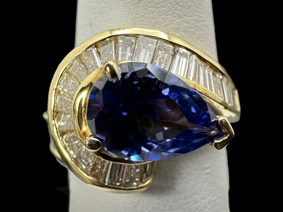 14k Gold Iolite 10 x 7 Pear Shape Set With 32 Tapered Diamond Baguettes (est. 1.25cttw) Size 6.75 6.6g Retails $4,000 [Photo 1]