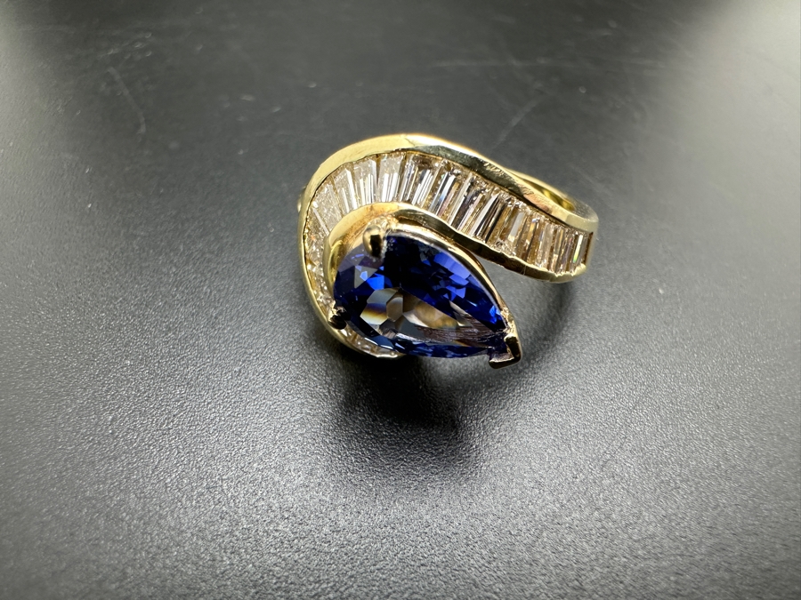 14k Gold Iolite 10 x 7 Pear Shape Set With 32 Tapered Diamond Baguettes (est. 1.25cttw) Size 6.75 6.6g Retails $4,000 [Photo 9]