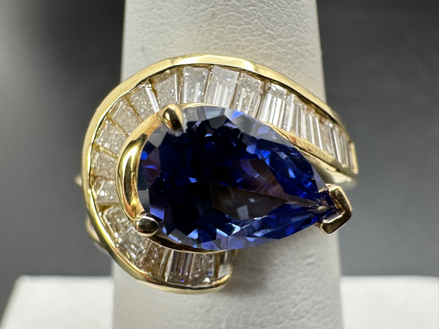 14k Gold Iolite 10 x 7 Pear Shape Set With 32 Tapered Diamond Baguettes (est. 1.25cttw) Size 6.75 6.6g Retails $4,000 [Photo 2]