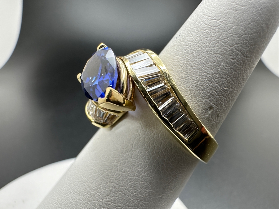 14k Gold Iolite 10 x 7 Pear Shape Set With 32 Tapered Diamond Baguettes (est. 1.25cttw) Size 6.75 6.6g Retails $4,000 [Photo 7]