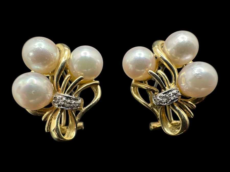 14k Gold Earrings Set With 6 6-6.5mm Pearls And 8 .01mm Round Diamonds 8.3g Retails $2,000 [Photo 1]