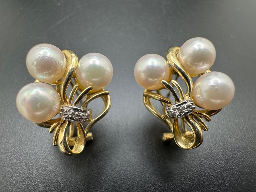 14k Gold Earrings Set With 6 6-6.5mm Pearls And 8 .01mm Round Diamonds 8.3g Retails $2,000 [Photo 2]