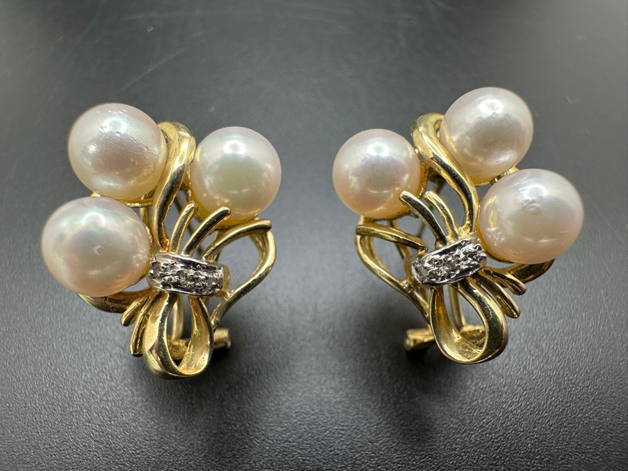 14k Gold Earrings Set With 6 6-6.5mm Pearls And 8 .01mm Round Diamonds 8.3g Retails $2,000 [Photo 3]