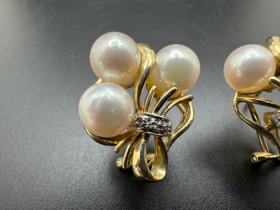 14k Gold Earrings Set With 6 6-6.5mm Pearls And 8 .01mm Round Diamonds 8.3g Retails $2,000 [Photo 4]