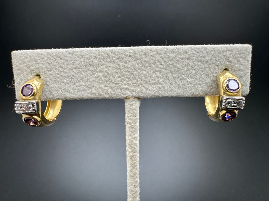 14k Gold Loop Earrings Set With 4 3mm Amethysts And 4 1.5mm Round Diamonds 2.7g Retails $800 [Photo 4]