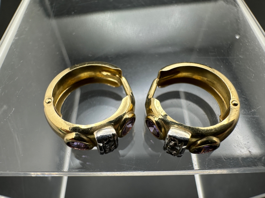 14k Gold Loop Earrings Set With 4 3mm Amethysts And 4 1.5mm Round Diamonds 2.7g Retails $800 [Photo 6]