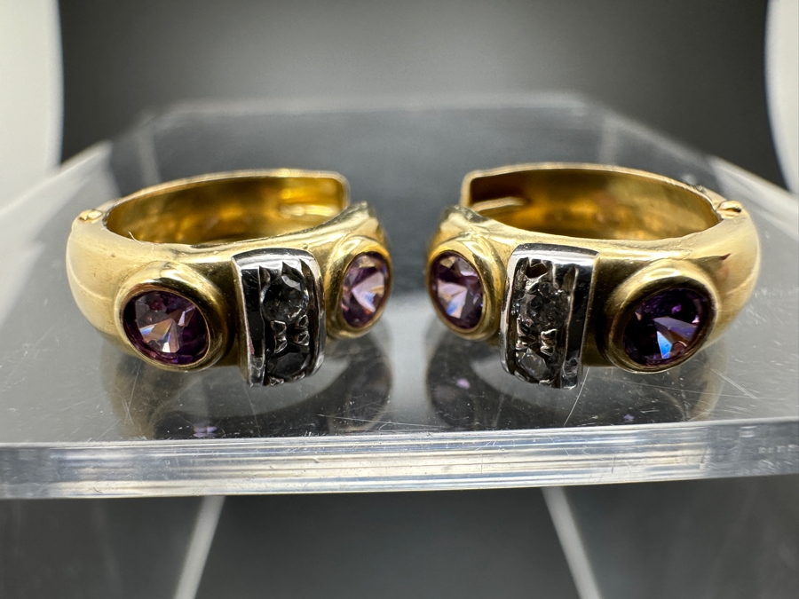14k Gold Loop Earrings Set With 4 3mm Amethysts And 4 1.5mm Round Diamonds 2.7g Retails $800 [Photo 5]