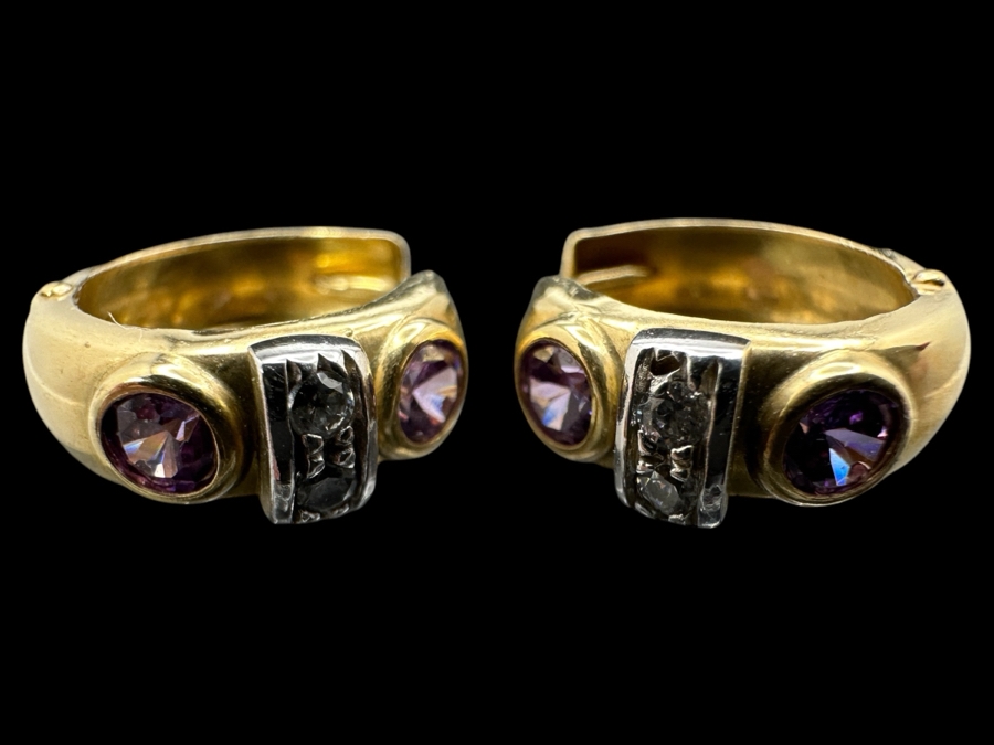 14k Gold Loop Earrings Set With 4 3mm Amethysts And 4 1.5mm Round Diamonds 2.7g Retails $800 [Photo 8]