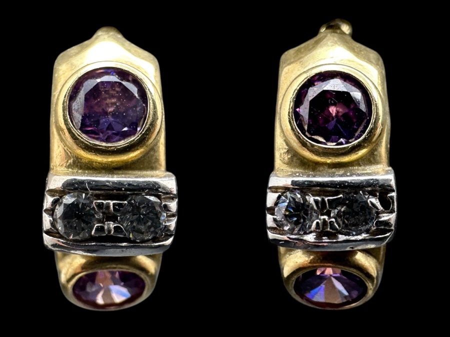14k Gold Loop Earrings Set With 4 3mm Amethysts And 4 1.5mm Round Diamonds 2.7g Retails $800 [Photo 1]