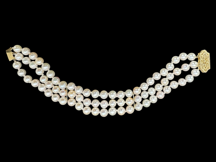 Three Strand 7' Pearl Bracelet With 14k Gold Clasp Retails $700 [Photo 1]