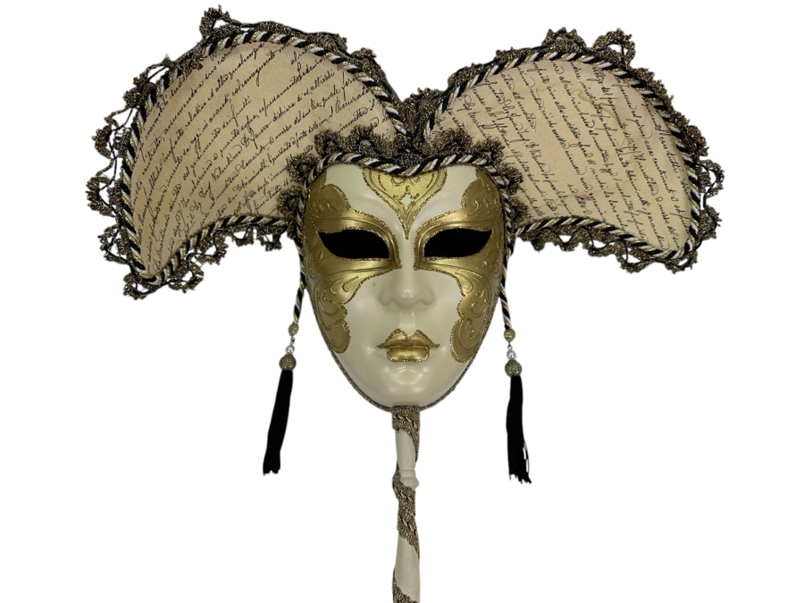 Authentic Hand Crafted Venezia Masquerade Mask on Stick Numbered 050 Made In Italy 16 x 21