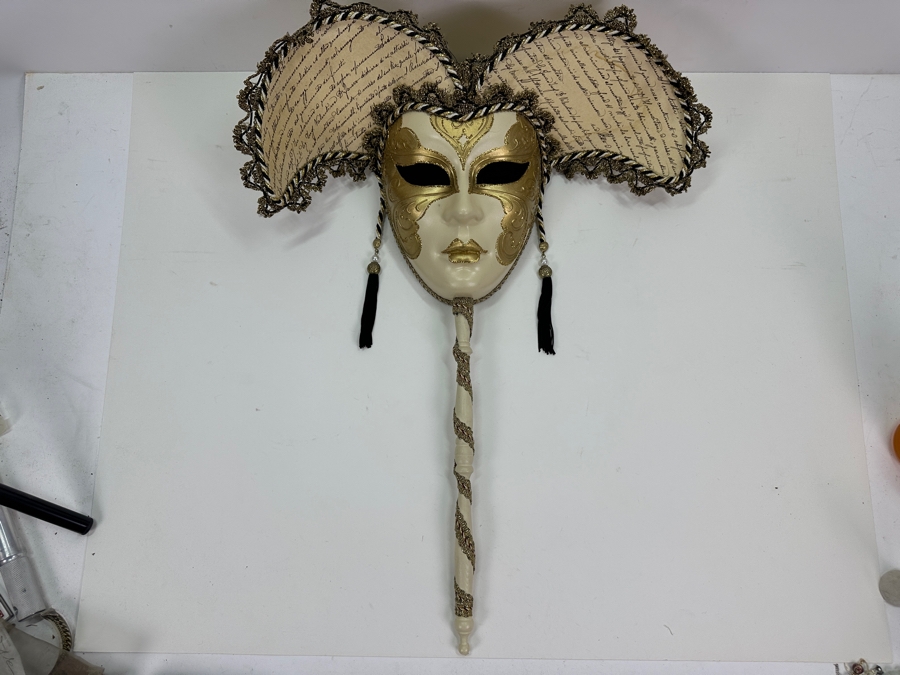Authentic Hand Crafted Venezia Masquerade Mask on Stick Numbered 050 Made In Italy 16 x 21 [Photo 7]