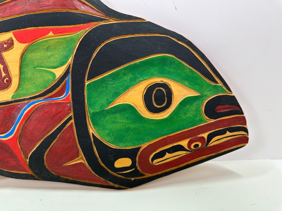 Northwest Coast Alaskan Indigenous Tribal Salmon Wooden Wall Plaque Signed Ed Raud 23'W x 9'H [Photo 3]