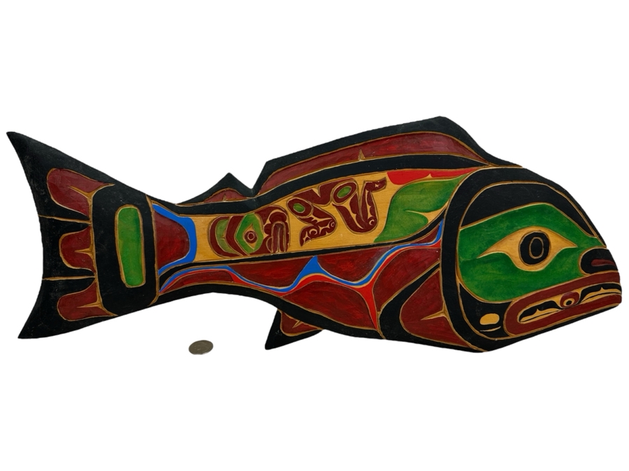 Northwest Coast Alaskan Indigenous Tribal Salmon Wooden Wall Plaque Signed Ed Raud 23'W x 9'H [Photo 1]