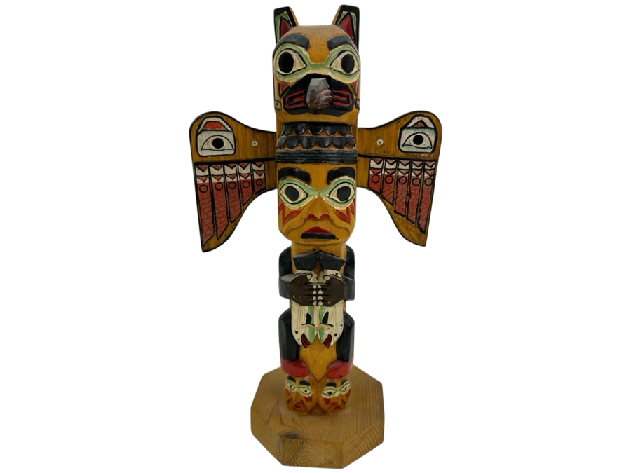 Signed Hand-Carved and Painted 'Legend of the Frog' Pacific Northwest Wooden Totem Pole by Patrick Seale 6'W x 11'H [Photo 1]