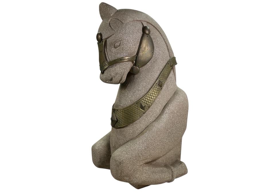 Impressive Wooden Horse Head Bust Sculpture With Sandstone Finish And Heavy Brass Ornamentation 17W X 9D X 29H [Photo 5]