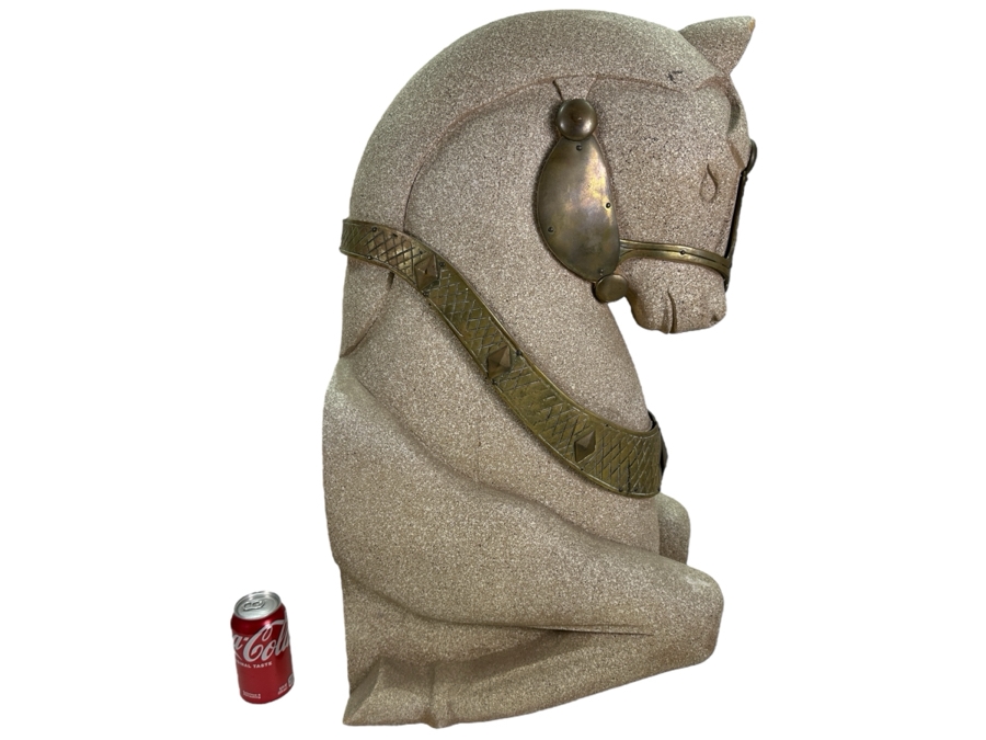 Impressive Wooden Horse Head Bust Sculpture With Sandstone Finish And Heavy Brass Ornamentation 17W X 9D X 29H [Photo 2]