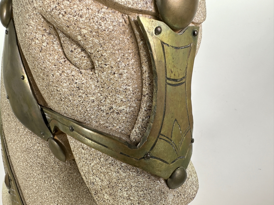 Impressive Wooden Horse Head Bust Sculpture With Sandstone Finish And Heavy Brass Ornamentation 17W X 9D X 29H [Photo 8]