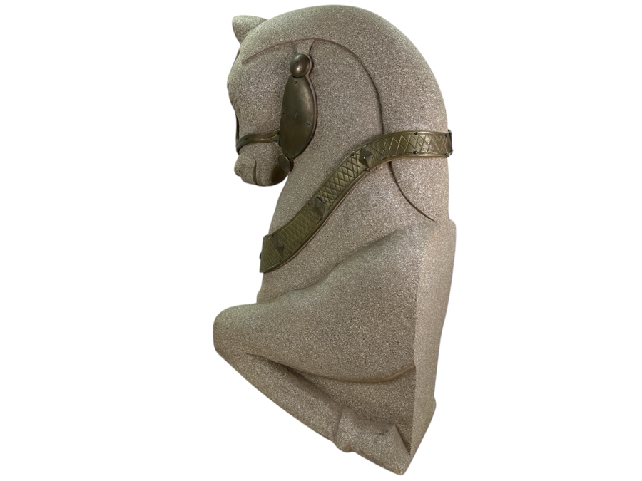 Impressive Wooden Horse Head Bust Sculpture With Sandstone Finish And Heavy Brass Ornamentation 17W X 9D X 29H [Photo 4]