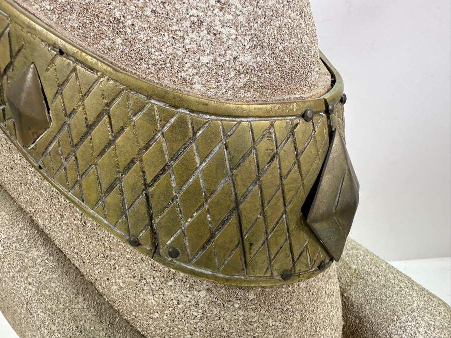 Impressive Wooden Horse Head Bust Sculpture With Sandstone Finish And Heavy Brass Ornamentation 17W X 9D X 29H [Photo 9]