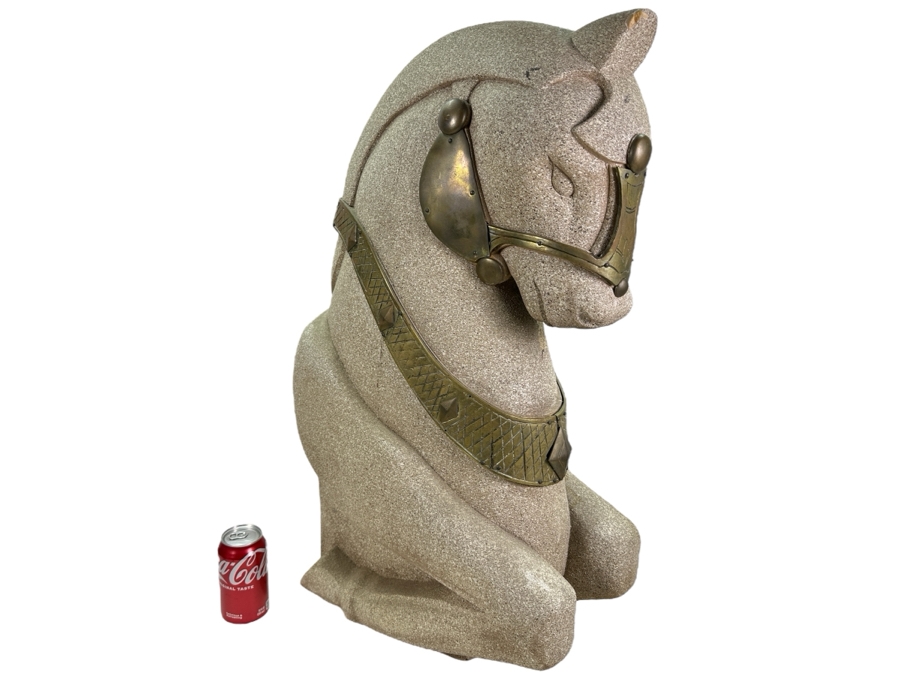 Impressive Wooden Horse Head Bust Sculpture With Sandstone Finish And Heavy Brass Ornamentation 17W X 9D X 29H