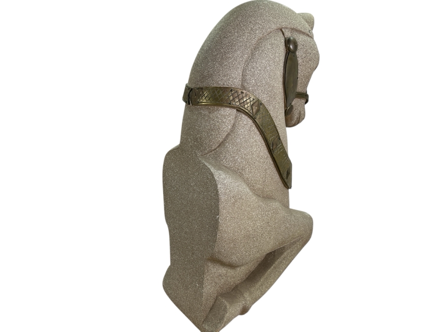 Impressive Wooden Horse Head Bust Sculpture With Sandstone Finish And Heavy Brass Ornamentation 17W X 9D X 29H [Photo 3]