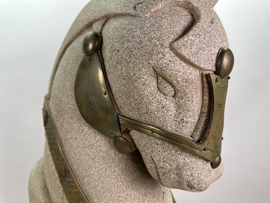 Impressive Wooden Horse Head Bust Sculpture With Sandstone Finish And Heavy Brass Ornamentation 17W X 9D X 29H [Photo 7]