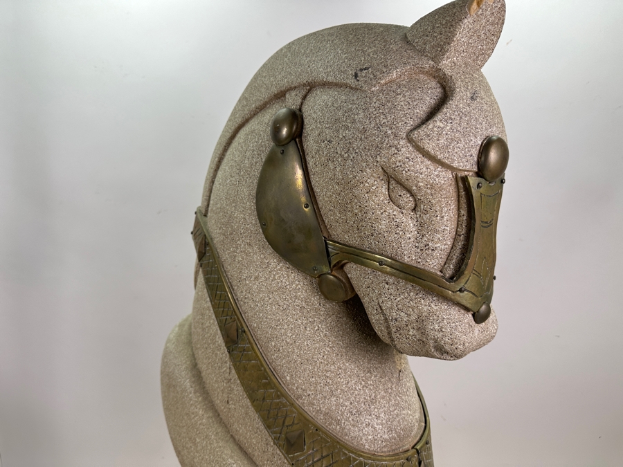 Impressive Wooden Horse Head Bust Sculpture With Sandstone Finish And Heavy Brass Ornamentation 17W X 9D X 29H [Photo 10]