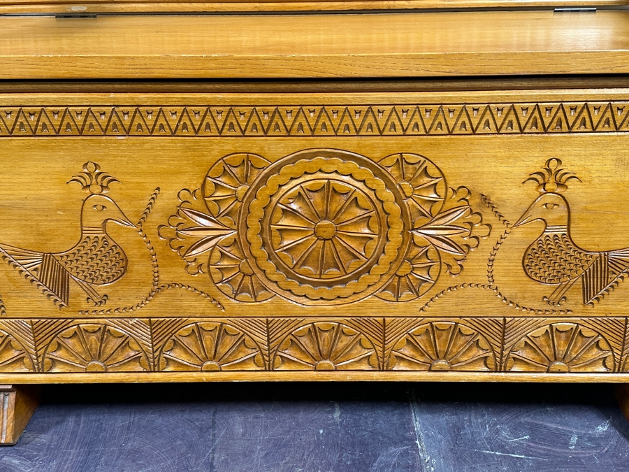 Traditional Sardinian Masterly Hand Carved Bench With Storage In Sardinian Chestnut Wood Signed On Back Milia Michele 2002 Very Heavy 47W X 18D X 37H [Photo 6]
