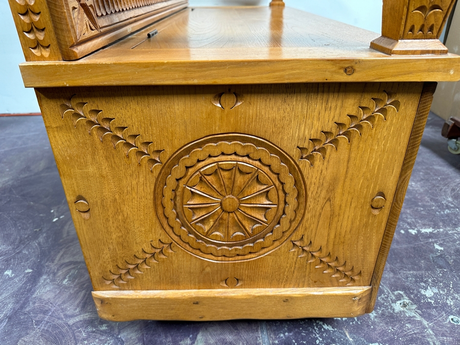 Traditional Sardinian Masterly Hand Carved Bench With Storage In Sardinian Chestnut Wood Signed On Back Milia Michele 2002 Very Heavy 47W X 18D X 37H [Photo 14]