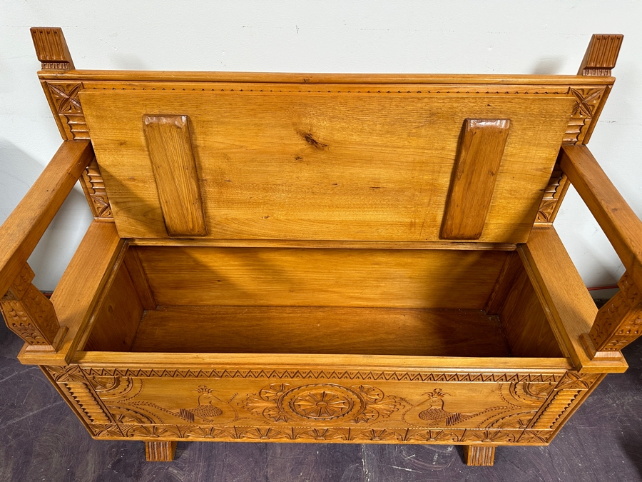 Traditional Sardinian Masterly Hand Carved Bench With Storage In Sardinian Chestnut Wood Signed On Back Milia Michele 2002 Very Heavy 47W X 18D X 37H [Photo 11]