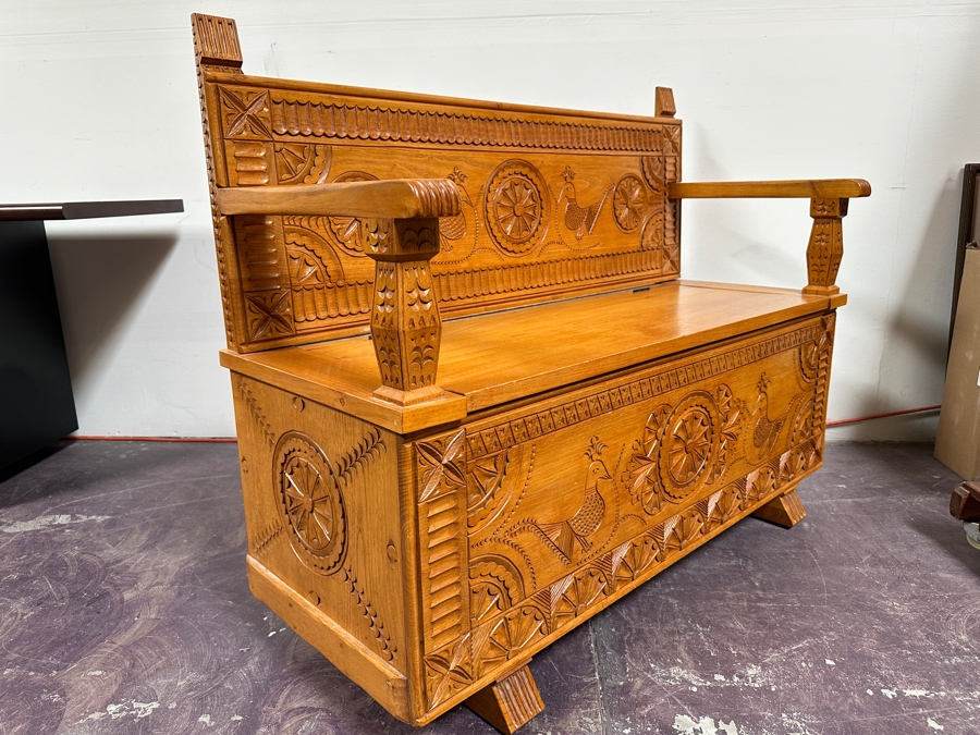 Traditional Sardinian Masterly Hand Carved Bench With Storage In Sardinian Chestnut Wood Signed On Back Milia Michele 2002 Very Heavy 47W X 18D X 37H [Photo 13]