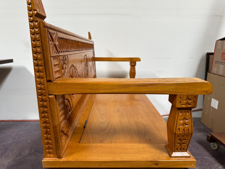 Traditional Sardinian Masterly Hand Carved Bench With Storage In Sardinian Chestnut Wood Signed On Back Milia Michele 2002 Very Heavy 47W X 18D X 37H [Photo 15]