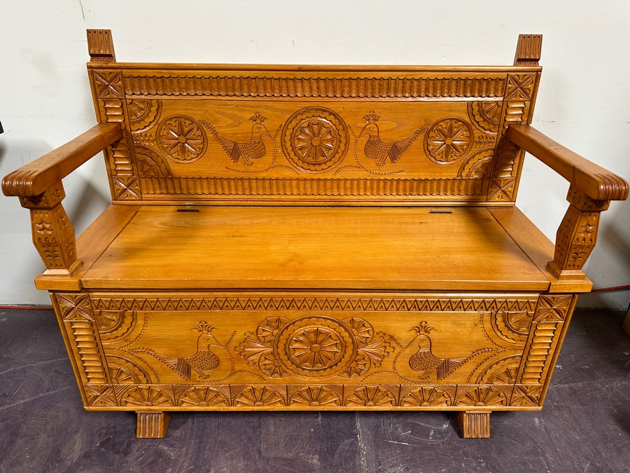Traditional Sardinian Masterly Hand Carved Bench With Storage In Sardinian Chestnut Wood Signed On Back Milia Michele 2002 Very Heavy 47W X 18D X 37H [Photo 3]