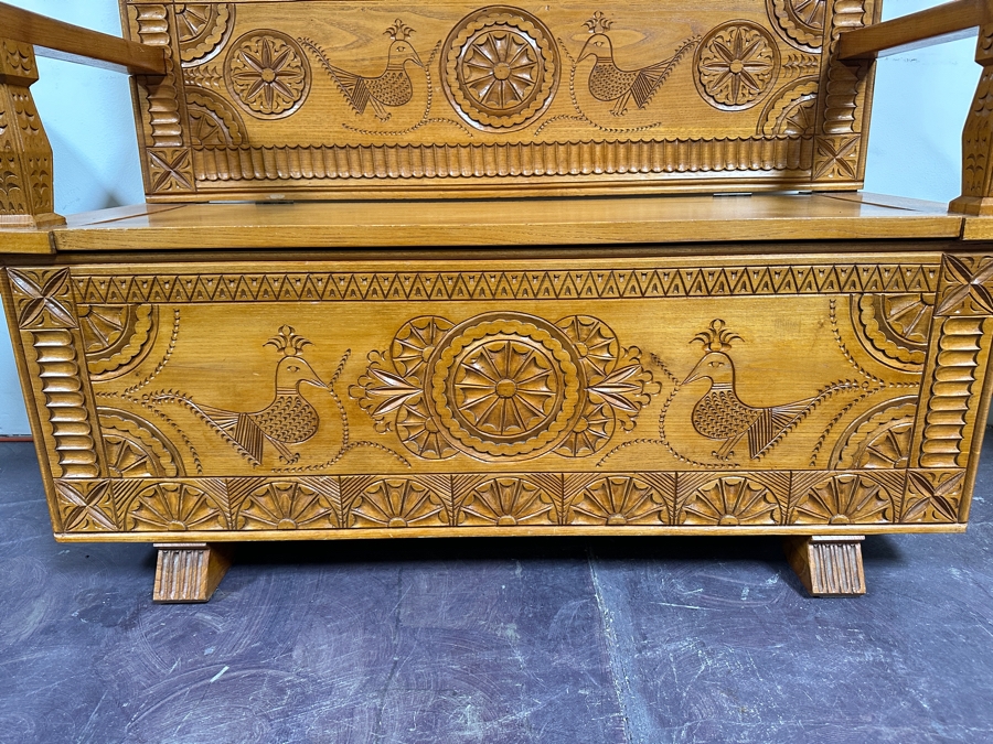 Traditional Sardinian Masterly Hand Carved Bench With Storage In Sardinian Chestnut Wood Signed On Back Milia Michele 2002 Very Heavy 47W X 18D X 37H [Photo 4]