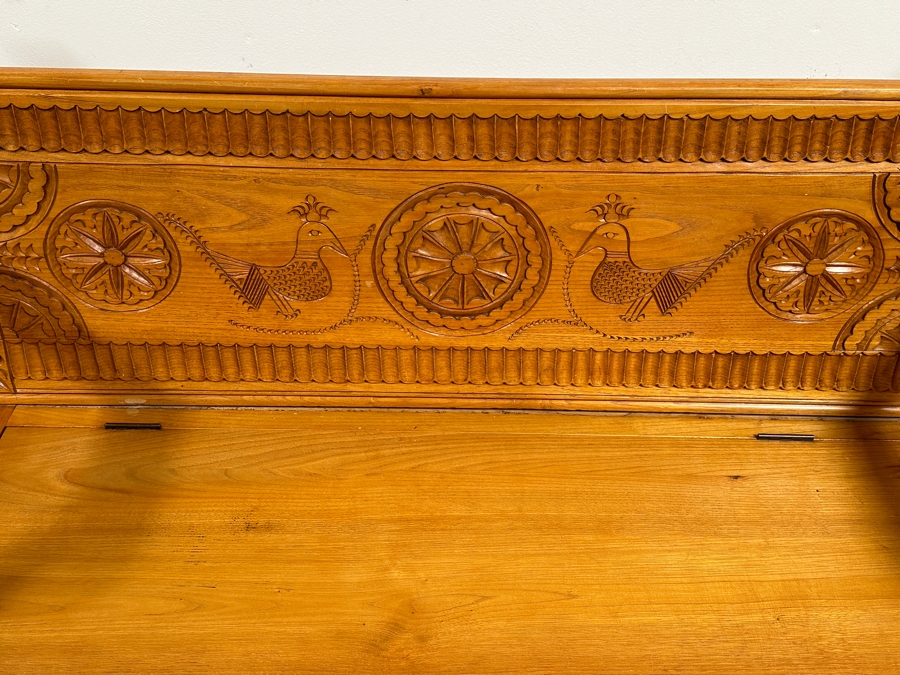 Traditional Sardinian Masterly Hand Carved Bench With Storage In Sardinian Chestnut Wood Signed On Back Milia Michele 2002 Very Heavy 47W X 18D X 37H [Photo 8]