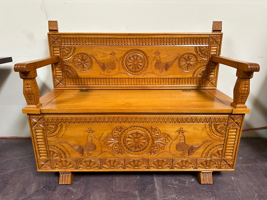 Traditional Sardinian Masterly Hand Carved Bench With Storage In Sardinian Chestnut Wood Signed On Back Milia Michele 2002 Very Heavy 47W X 18D X 37H [Photo 2]