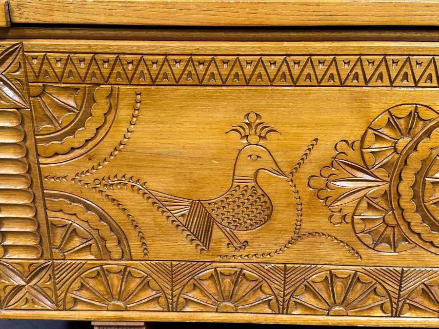 Traditional Sardinian Masterly Hand Carved Bench With Storage In Sardinian Chestnut Wood Signed On Back Milia Michele 2002 Very Heavy 47W X 18D X 37H [Photo 7]