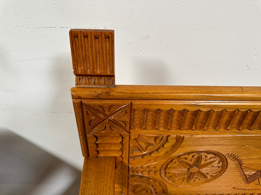 Traditional Sardinian Masterly Hand Carved Bench With Storage In Sardinian Chestnut Wood Signed On Back Milia Michele 2002 Very Heavy 47W X 18D X 37H [Photo 10]