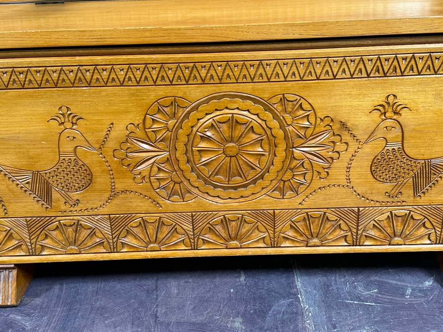 Traditional Sardinian Masterly Hand Carved Bench With Storage In Sardinian Chestnut Wood Signed On Back Milia Michele 2002 Very Heavy 47W X 18D X 37H [Photo 5]