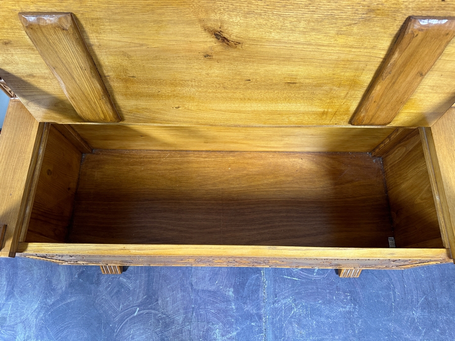 Traditional Sardinian Masterly Hand Carved Bench With Storage In Sardinian Chestnut Wood Signed On Back Milia Michele 2002 Very Heavy 47W X 18D X 37H [Photo 12]