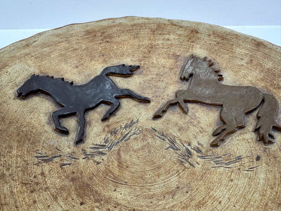 Vintage Handmade Icelandic Art Pottery Bowl Modur Jardar With Pair Of Relief Horses 11W X 2.5H [Photo 5]