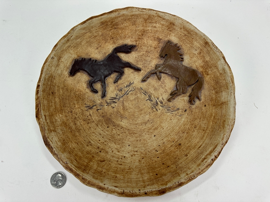 Vintage Handmade Icelandic Art Pottery Bowl Modur Jardar With Pair Of Relief Horses 11W X 2.5H [Photo 4]