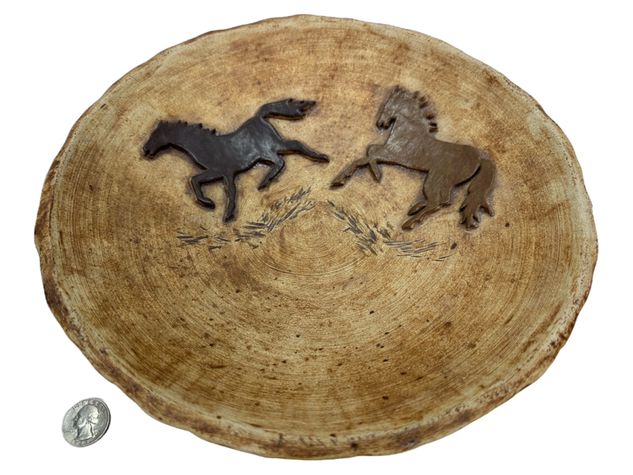 Vintage Handmade Icelandic Art Pottery Bowl Modur Jardar With Pair Of Relief Horses 11W X 2.5H [Photo 1]