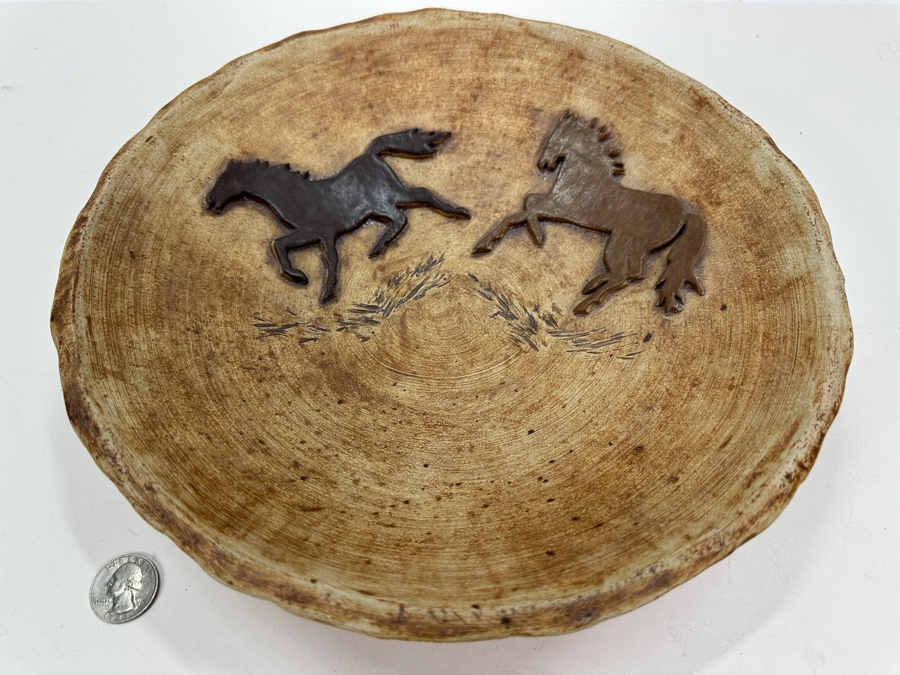 Vintage Handmade Icelandic Art Pottery Bowl Modur Jardar With Pair Of Relief Horses 11W X 2.5H [Photo 2]