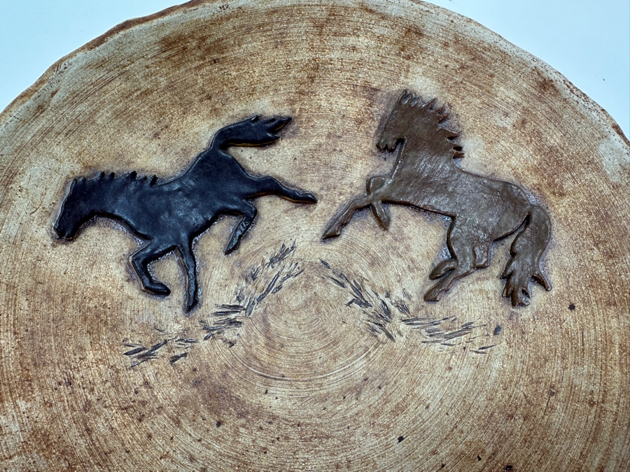 Vintage Handmade Icelandic Art Pottery Bowl Modur Jardar With Pair Of Relief Horses 11W X 2.5H [Photo 6]